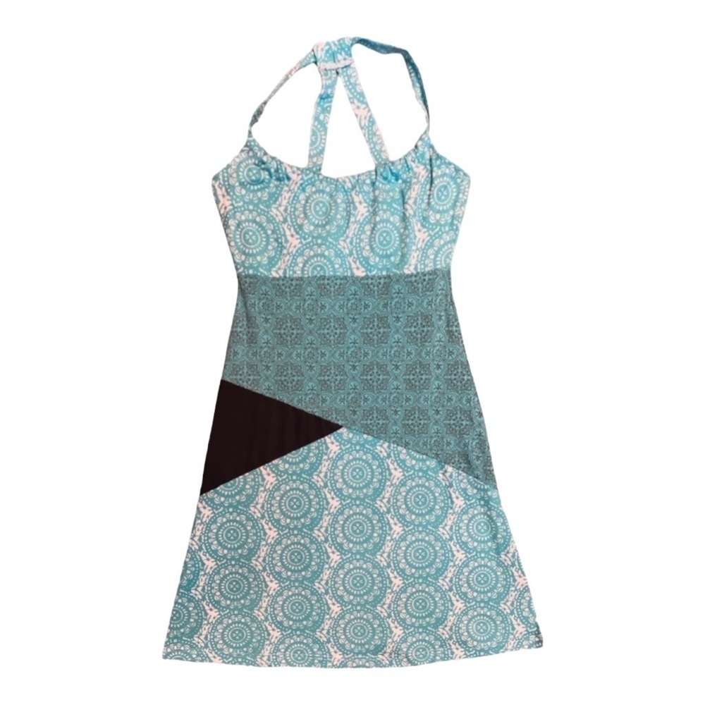 Lola by AFG Dress Sleeveless Blue White Green Patterned Criss Cross Back